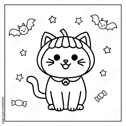 Cute Halloween cat with pumpkin hat, bats and candy, Line art coloring book or page for children, ready to print