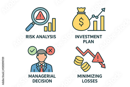A collection of vector line icons pertaining to risk management is available, including risk analysis, investment planning, managerial decision-making, and loss minimization, all with editable
