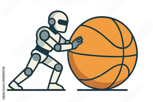 A robot pushing a sphere is outpacing a group of businesspeople who are pushing boxes in a race