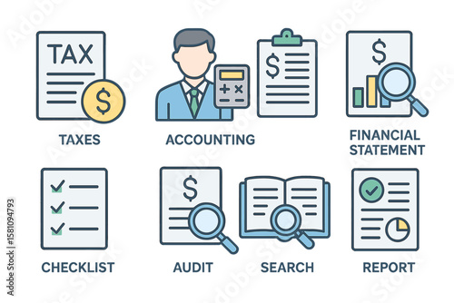 A collection of icons for accounting and auditing is presented, including taxes and line icons for checking and auditing, with elements such as financial statements, accountants, and financial