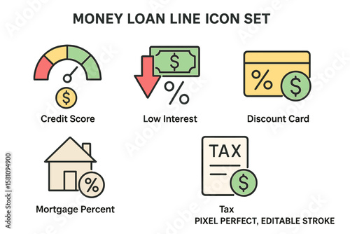 A set of icons representing a money loan line is available, featuring credit score, low interest, discount card, mortgage percent, and tax minimal vector illustrations, all in simple outline signs