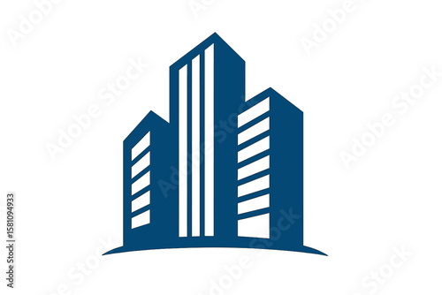 The concept of an office building is represented by a creative symbol, featuring a modern skyscraper, 3d architect, and construction silhouette as an abstract business logo set against a cityscape