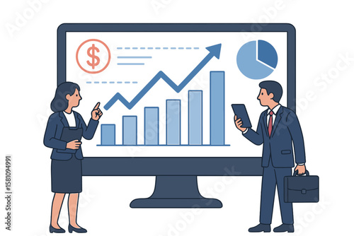 Concept of business people analyzing and monitoring investment and finance reports displayed on a graph on a computer monitor