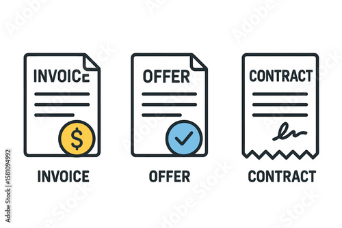 Financial documents including invoices, offers, and contracts are represented by line icons, along with payment bills and receipts in vector icon form