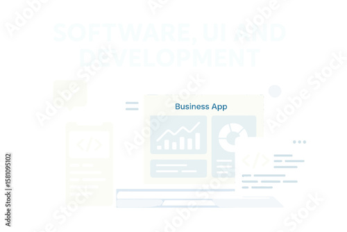 Vector Software encompasses web blue banner software, UI, and development tailored for various devices, including laptops and smartphones equipped with coding applications, alongside a business app