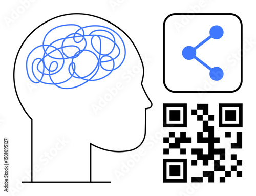 Human silhouette featuring a tangled brain, a connected sharing icon, and a QR code. Ideal for creativity, innovation, networking, technology, communication, digital tools simple landing page