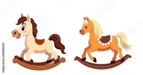 Rocking horse cartoon toys in pastel colors on isolated background  