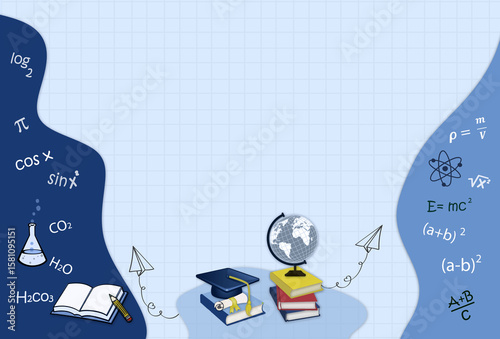 School education powerpoint background template with books, globe, master hat ,school education formulas , math graph notepage sheet in the center frame design. Flat lay, free copy space.