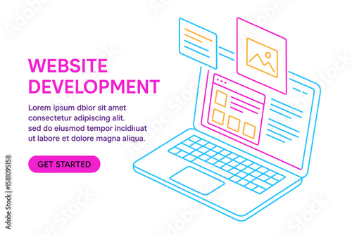 Design a custom website with a flat vector neon illustration suitable for a web banner, complete with text and a button, featuring an isometric laptop and templates for building a corporate website