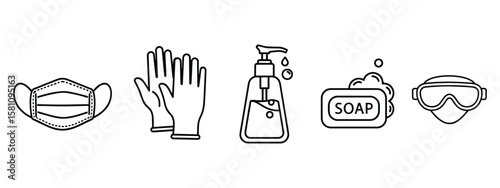 COVID-19 Protection Equipment Icons – Line Style Safety Symbols for Hygiene & Prevention