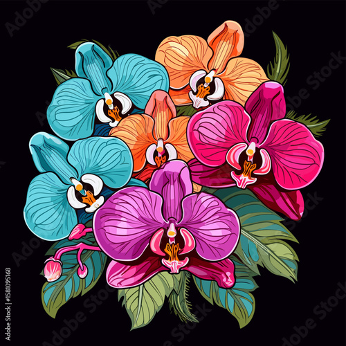 Tropical orchid flowers on dark background in vector pop art style
