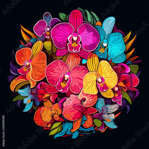 Tropical orchid flowers on dark background in vector pop art style