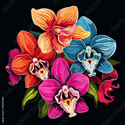 Tropical orchid flowers on dark background in vector pop art style