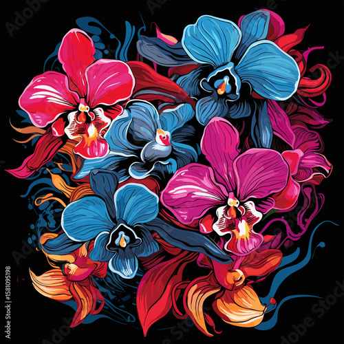 Tropical orchid flowers on dark background in vector pop art style