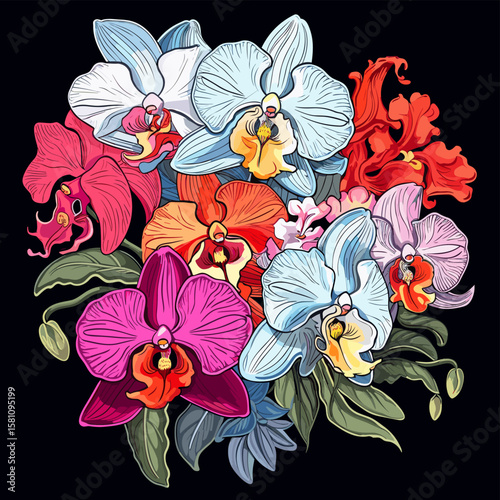 Tropical orchid flowers on dark background in vector pop art style