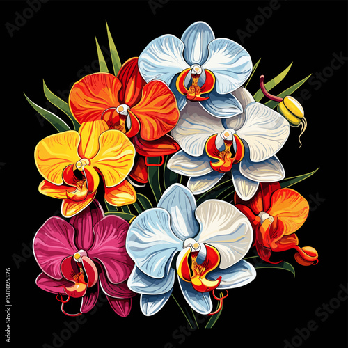 Tropical orchid flowers on dark background in vector pop art style