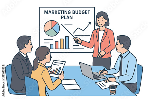 Business financial audit involves analyzing a marketing budget plan through a graph and chart meeting