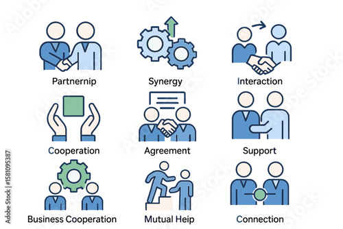 A collection of vector line icons related to business cooperation is provided, including symbols for partnership, synergy, and interaction, with editable stroke and 48x48 pixel perfect resolution
