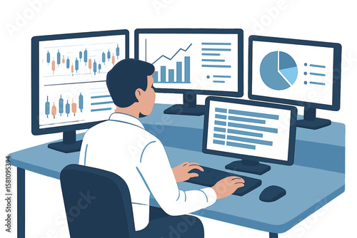A businessman or  market trader is seated at a desk
