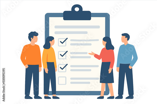 People are gathered around a clipboard holding a document, accompanied by a stamp and pen, illustrating concepts of contracts, agreements, and signatures in a modern flat design vector illustration