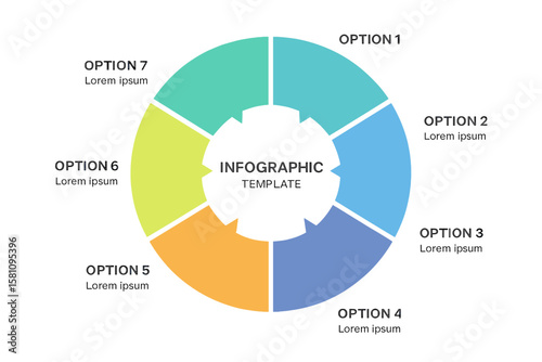 Infographic template featuring a circle chart with 7 options suitable for presentations, advertising, layouts, and annual reports
