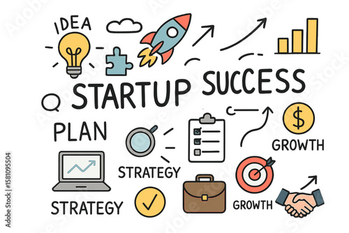 Business doodles that are hand drawn relate to startup success elements