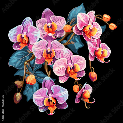 Tropical orchid flowers on dark background in vector pop art style
