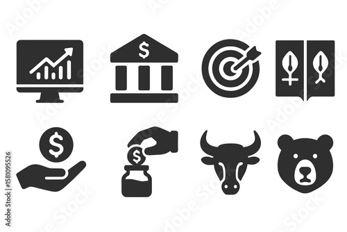 A set of  market icons is available, featuring various symbols for s,  exchange, financial objectives, shares, investments, bull markets, bear markets, and other investment icons, all