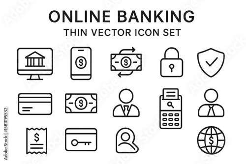 Online banking icons are available as a thin vector set in black and white