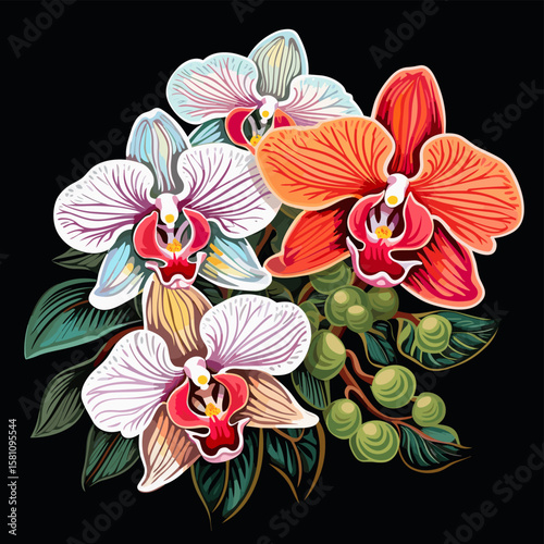 Tropical orchid flowers on dark background in vector pop art style