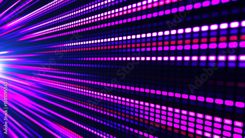 Digital flow. Light dynamics and pixel energy. The illustration shows a bright LED panel where bright multi-colored stripes create the effect of movement and energy. Vector illustration.