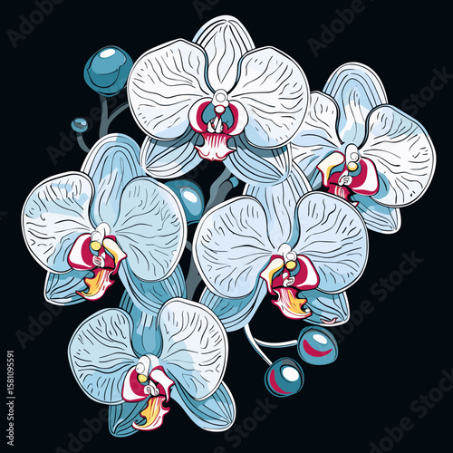 Tropical orchid flowers on dark background in vector pop art style