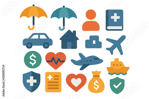 The Insurance Icons Set includes Health Insurance, Property Insurance, Financial Risk, and more, all in editable vector stroke format