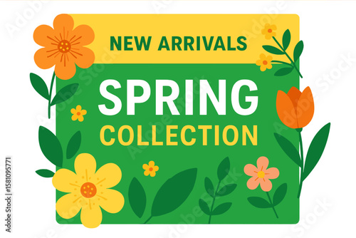 Vector illustration of Spring Collection with New Arrivals and a Promotional banner set against a blurred Springtime season background featuring hand lettering for business and seasonal shopping