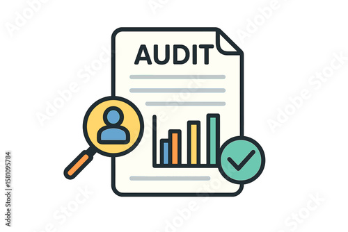 Audit, financial report and research. Document of analyze with chart of result. Icon for data, auditor and verification. Audit paper for accountant. Sheet of tax, risk and control. Vector