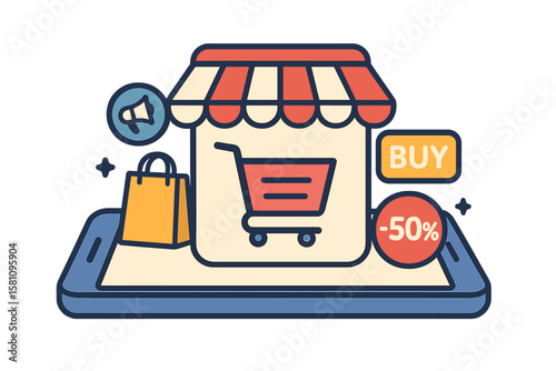 The concept of shopping online through mobile phone applications is illustrated in a digital marketing promotion, featuring a 3D smartphone with a store cart icon in horizontal view