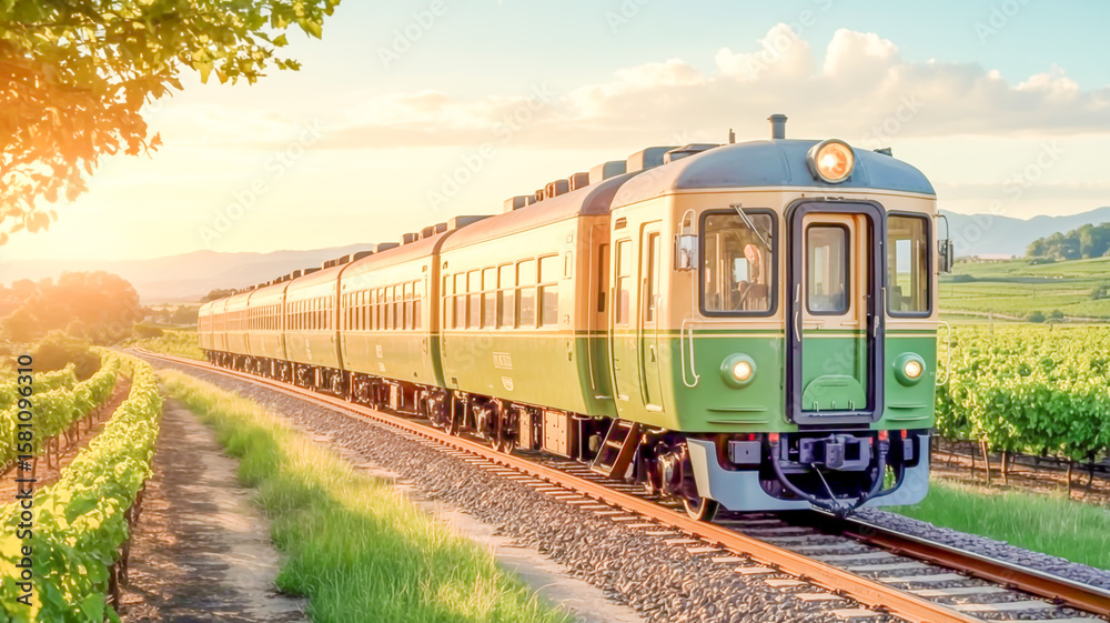 Fototapeta premium Vintage green train travels through vineyard at sunset