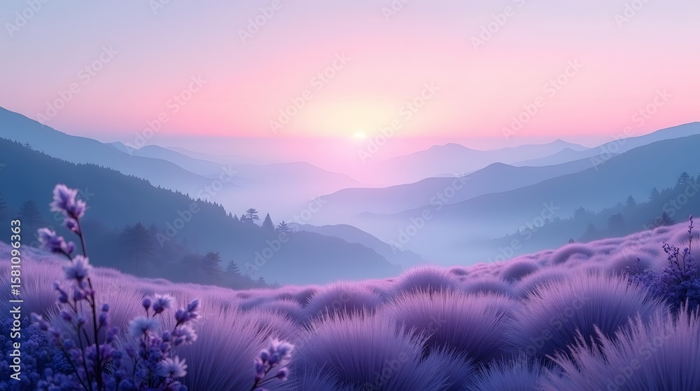 Fototapeta premium Breathtaking mountain landscapes capture the serene beauty of both sunrise and sunset, with mist-kissed valleys and snow-dusted peaks reaching into a dramatic sky of clouds