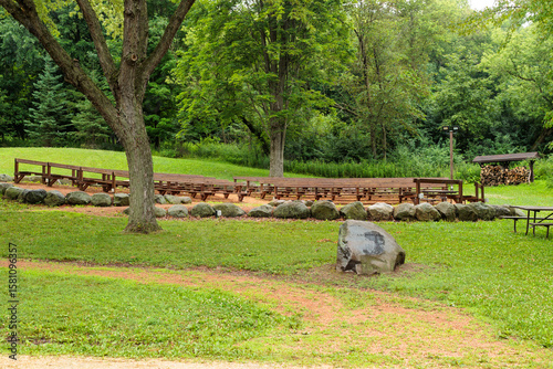 The amphitheater with its dedication rock within Pike Lake Unit, Kettle Moraine State Forest, Hartford, Wisconsin in early July