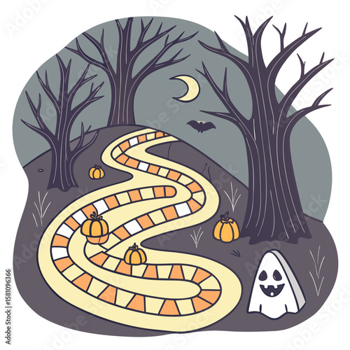 Illustration of a halloween themed landscape with a winding path pumpkins ghost bat moon and bare trees at night