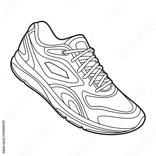 Line Drawing of a Black and White Athletic Running Shoe with Laces athletic shoe