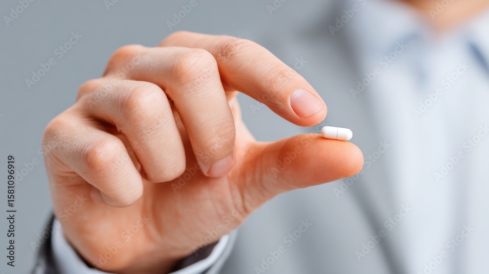 Naklejka premium A person in a suit is holding a small white pill delicately between their fingers. The neutral background provides a focus on the hand and pill in a well-lit setting.