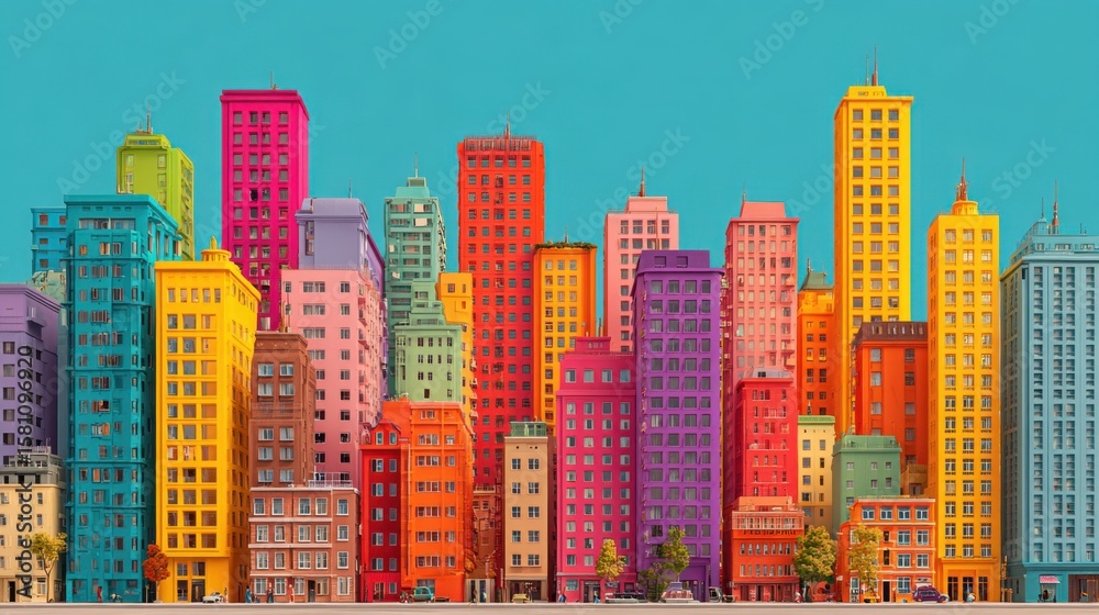 Obraz premium A bustling urban landscape showcases an array of brightly colored skyscrapers, blending styles and hues, with modern structures standing out against a clear blue sky, enhancing the lively atmosphere.
