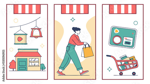 Illustration showcasing a storefront, a woman shopping, and a shopping cart filled with various items
