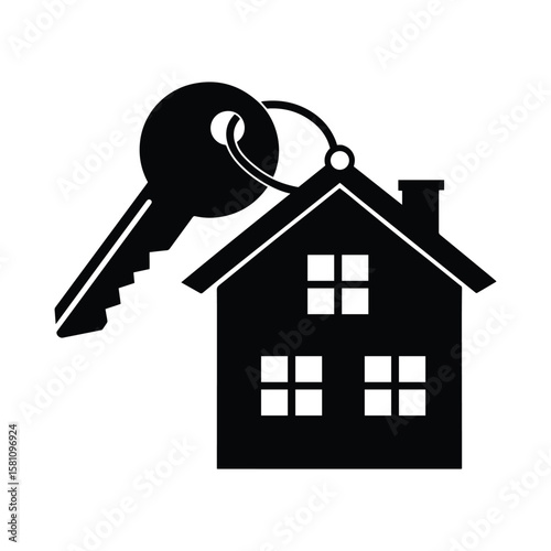 House Key and Keychain Silhouette Icon – Real Estate Vector for Property, Rent, and Security