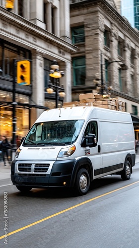 Fast-moving delivery van navigates a city street lined with trees and tall buildings, showcasing a dynamic urban environment