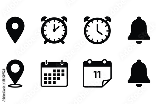 Web Icon Set – Location, Time, Calendar, Clock, and Notification Symbols Vector