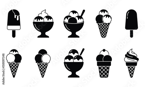 Ice Cream Silhouette Icons – Minimal Vector Set of Frozen Treats & Summer Desserts