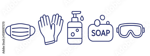 Personal Protection Equipment Icons Set – Face Mask, Gloves, Soap, Sanitizer, and Goggles Vector