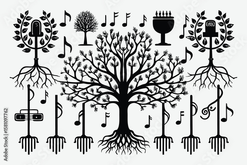 Whimsical black and white illustration of musical elements and trees